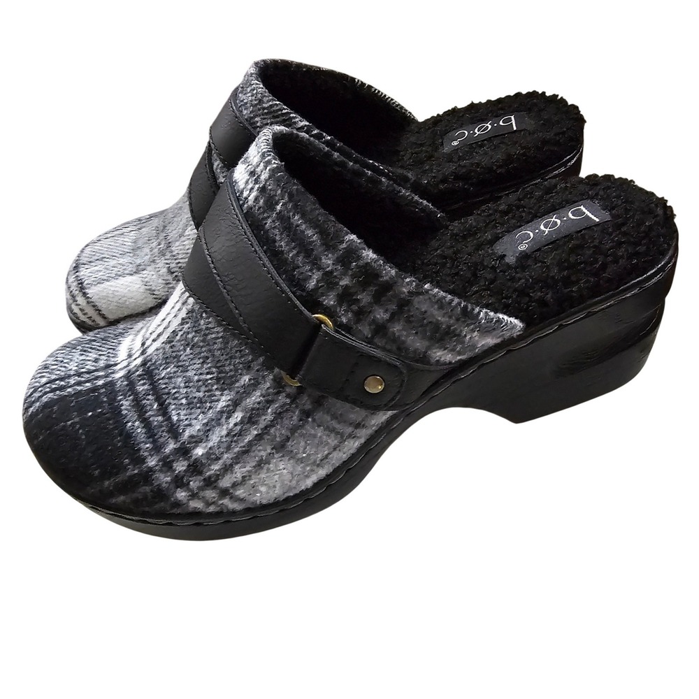 b.o.c. Born Womens Plaid Faux Shearling Lined Clog Mules Grey Black 7M Slip On